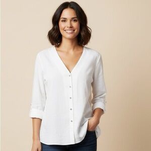 Dex Black Tape White Button Down Blouse with Back Detail medium- NWT